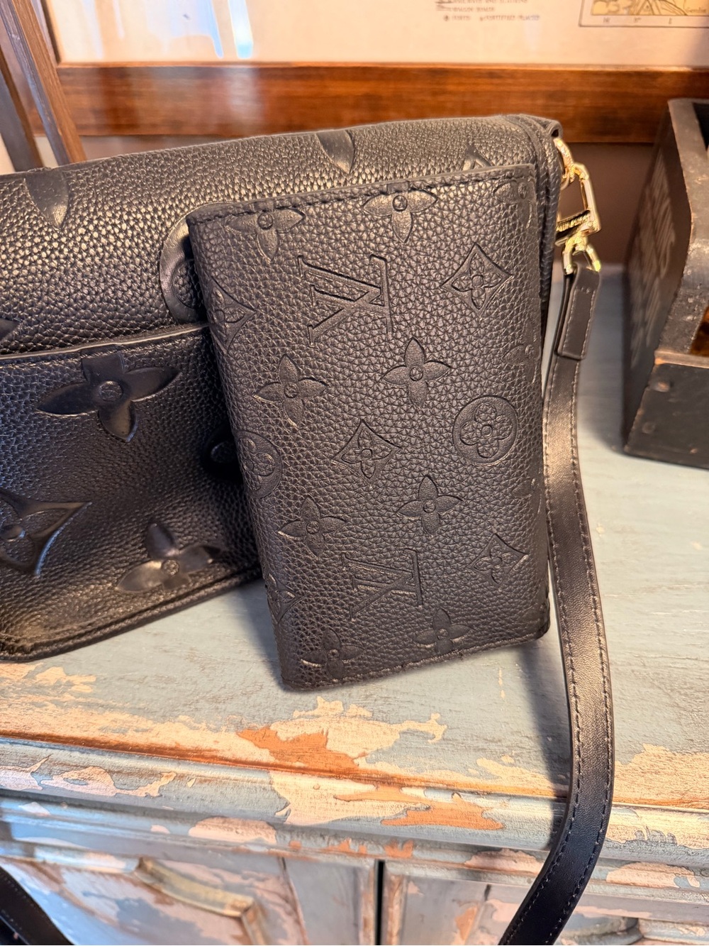 Black Embossed Leather Crossbody Bag with Matching Wallet - Picture 7 of 10